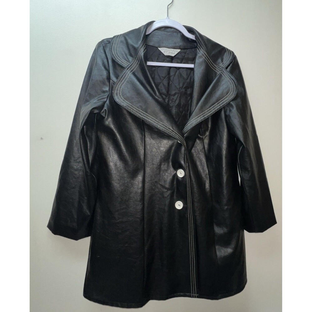 Vintage NPC Fashions Women’s 70s Faux Black Leather Jacket white Stitching Sz L‎
